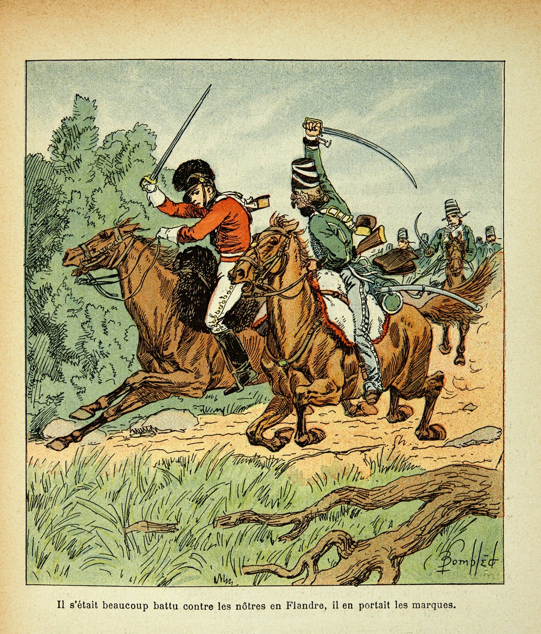 Illustrasjon av Bombled Louis (1862-1927) fra boken "The Memorial of Saint Helene" av grev Emmanuel de Las Cases (1766-1842): Kamp mellom franske og engelske ryttere, Privat samling av Louis Charles Bombled