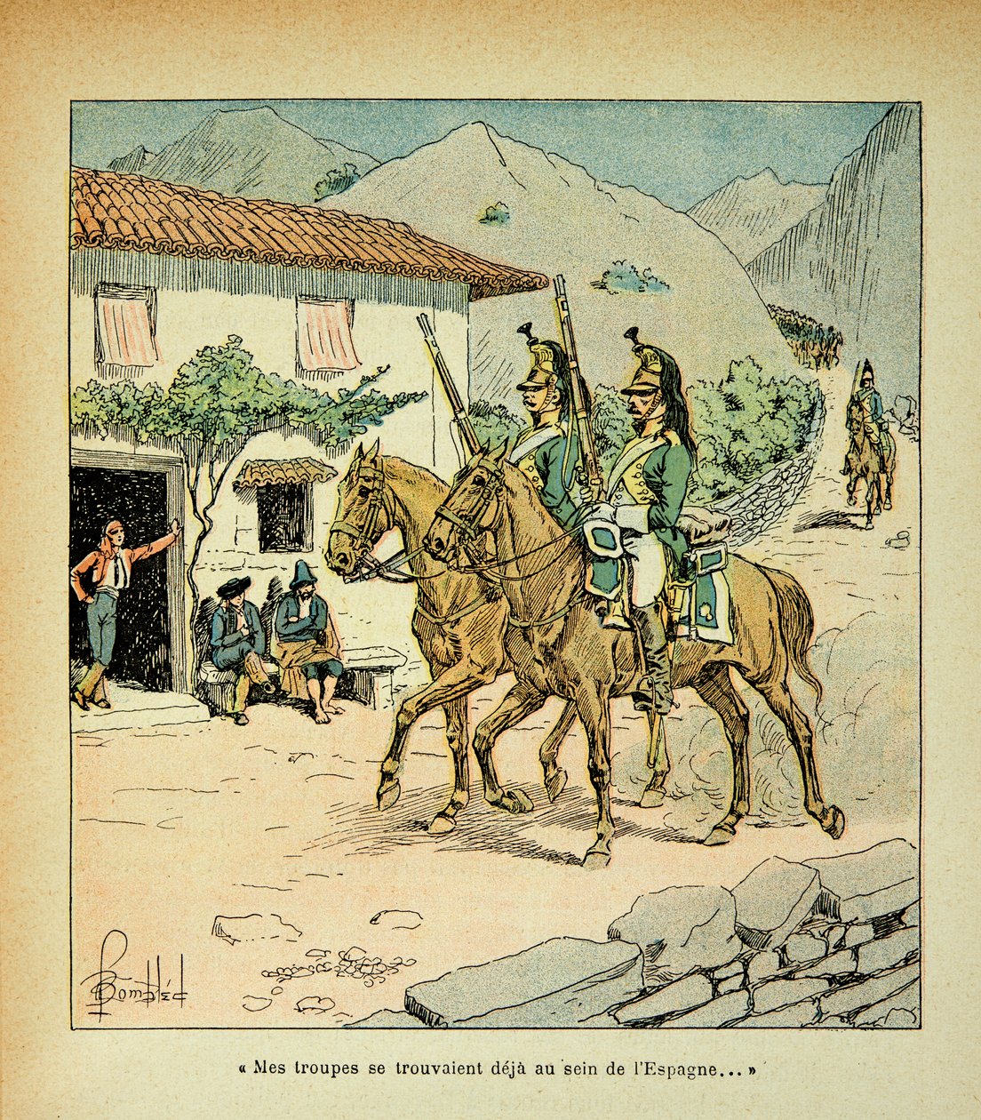 Illustrasjon av Bombled Louis (1862-1927) fra boken "The Memorial of Saint Helene" av grev Emmanuel de Las Cases (1766-1842): Franske tropper under den spanske krigen, privat samling av Louis Charles Bombled