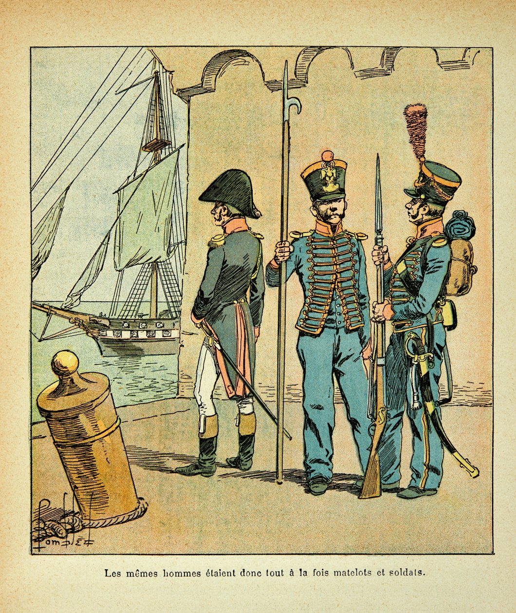Illustrasjon av Bombled Louis (1862-1927) fra boken "The Memorial of Saint Helene" av grev Emmanuel de Las Cases (1766-1842): Fransk sjømann og soldat, privat samling av Louis Charles Bombled