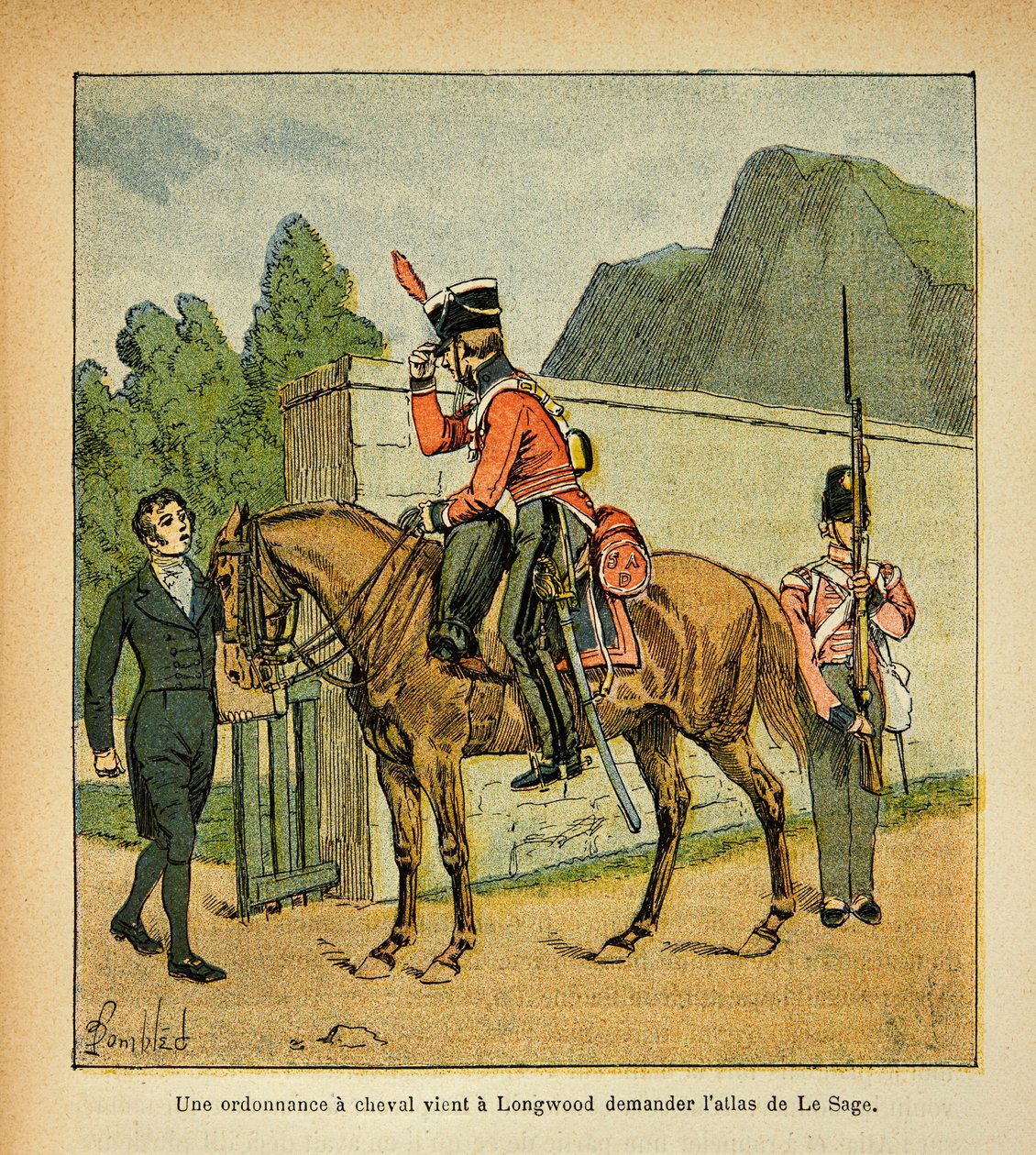 Illustrasjon av Bombled Louis (1862-1927) fra boken "The Memorial of Saint Helene" av grev Emmanuel de Las Cases (1766-1842): En ordinans til en hest kommer til Longwood og ber om atlaset til Le Sage, Collection Partial av Louis Charles Bombled