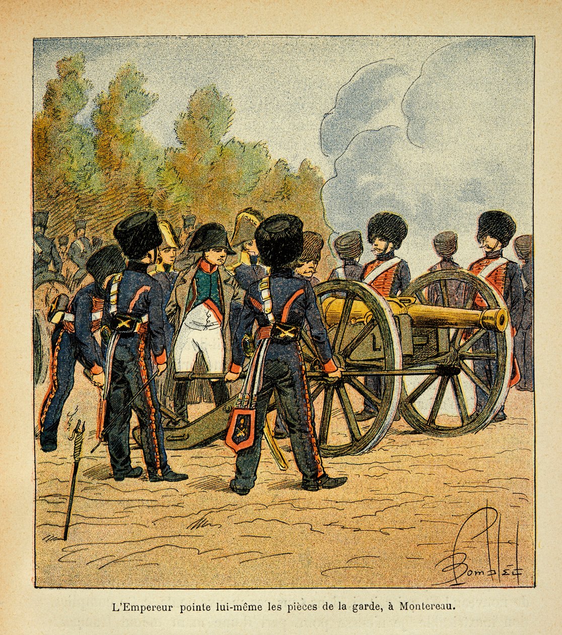 Illustrasjon av Bombled Louis (1862-1927) fra boken "The Memorial of Saint Helene" av grev Emmanuel de Las Cases (1766-1842): Keiser Napoleon retter selv våpenet til garde mot slaget ved Montereau, privat samling av Louis Charles Bombled