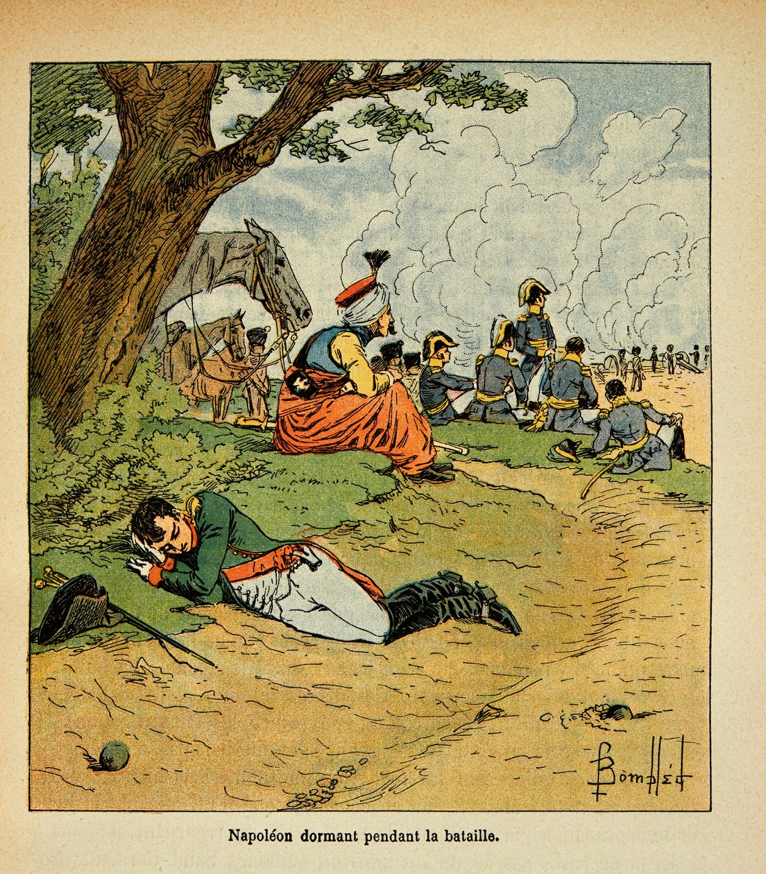 Illustrasjon av Bombled Louis (1862-1927) fra boken "The Memorial of Saint Helene" av grev Emmanuel de Las Cases (1766-1842): Keiser Napoleon sover under slaget, privat samling av Louis Charles Bombled