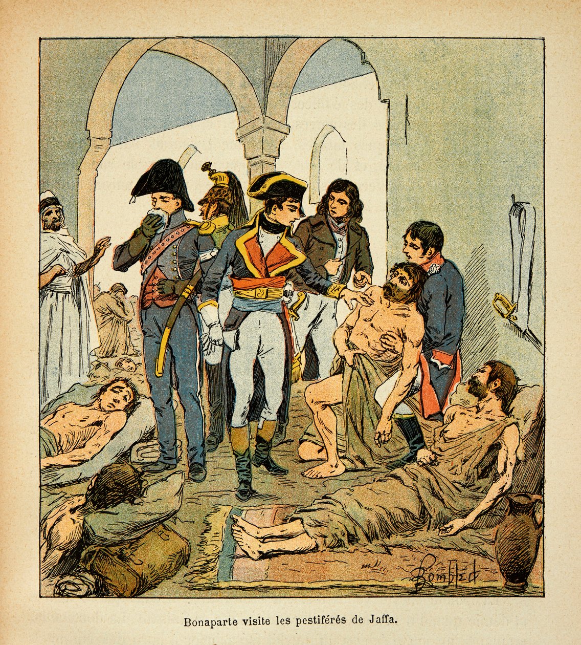 Illustrasjon av Bombled Louis (1862-1927) fra boken "The Memorial of Saint Helene" av grev Emmanuel de Las Cases (1766-1842): Bonaparte besøker pestiferene i Jaffa, privat samling av Louis Charles Bombled