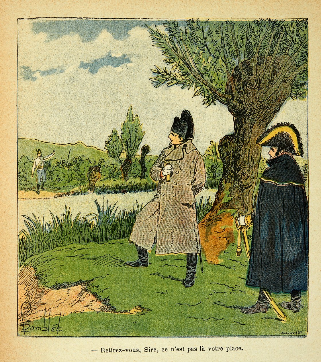 Illustrasjon av Bombled Louis (1862-1927) fra boken "The Memorial of St. Helene" av grev Emmanuel de Las Cases (1766-1842): På øya Laubo under slaget ved Esling tok Napoleon risikoer, en østerriksk offiser oppfordrer keiseren "" Withdr av Louis Charles Bombled