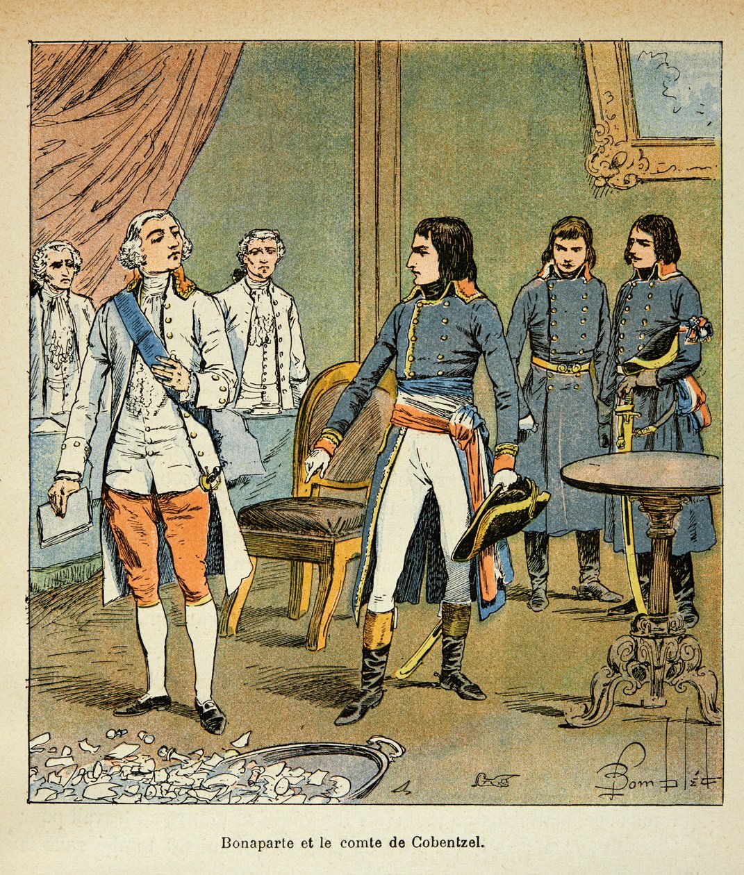 Illustrasjon av Bombled Louis (1862-1927) fra boken "The Memorial of St. Helene" av grev Emmanuel de Las Cases (1766-1842): Intervju mellom Bonaparte og grev Louis Cobenzl, Østerrikes kansler under handelen med Campo Formio, Privat samling av Louis Charles Bombled