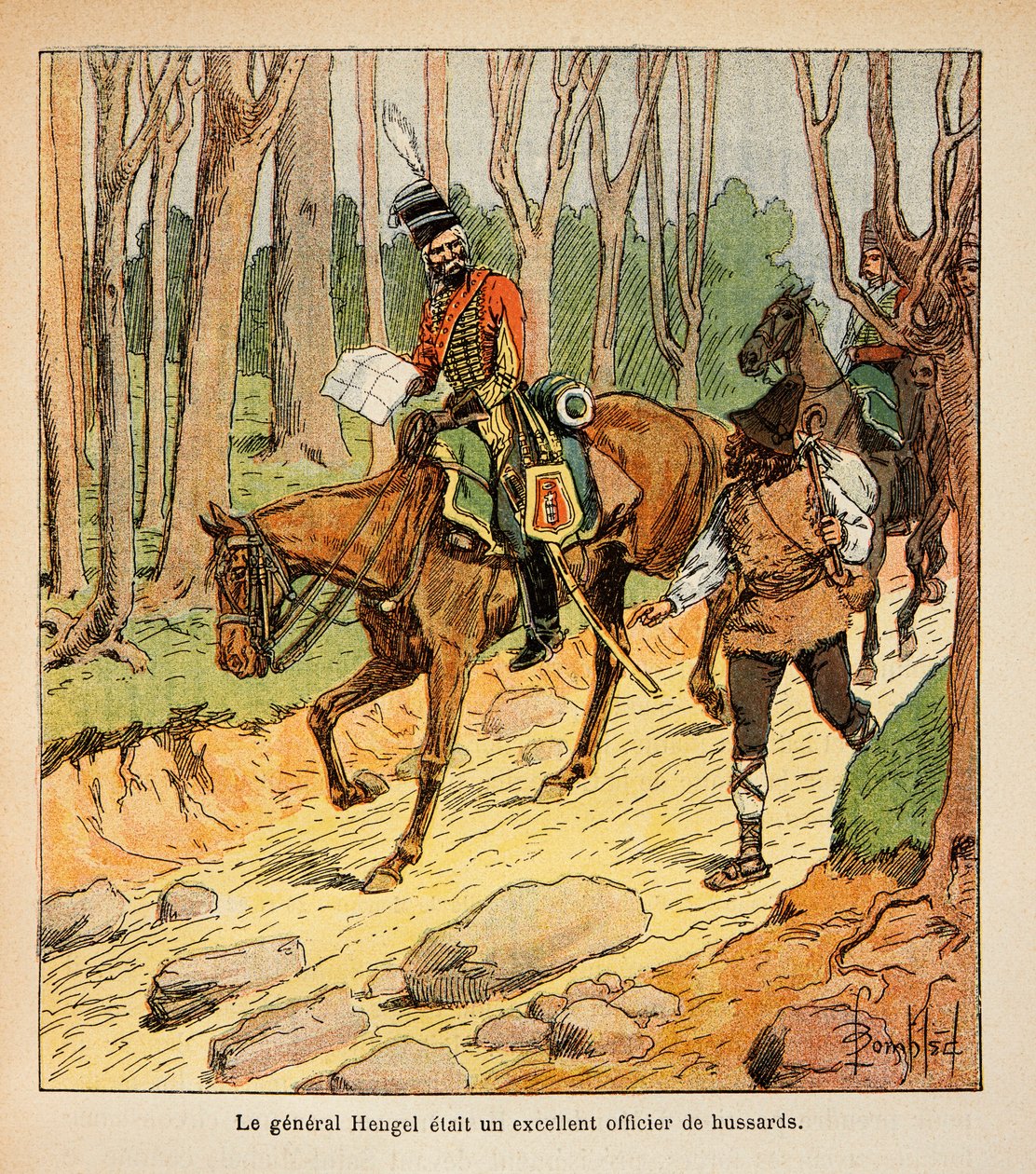 Illustrasjon av Bombled Louis (1862-1927) fra boken "The Memorial of St. Helene" av grev Emmanuel de Las Cases (1766-1842): General Hengel, offiser for Hussars under den italienske kampanjen, privat samling av Louis Charles Bombled