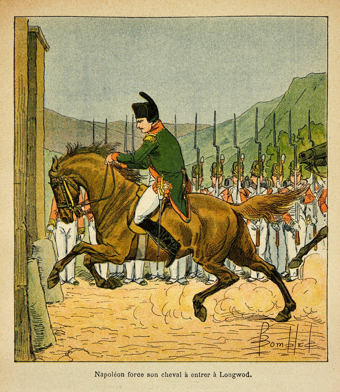 Illustrasjon av Bombled Louis (1862-1927) fra boken «The Memorial of St. Helene» av grev Emmanuel de Las Cases (1766-1842): Keiser Napoleon tvinger hesten sin til å gå inn i Longwood ved St. Helene, Private Collection av Louis Charles Bombled