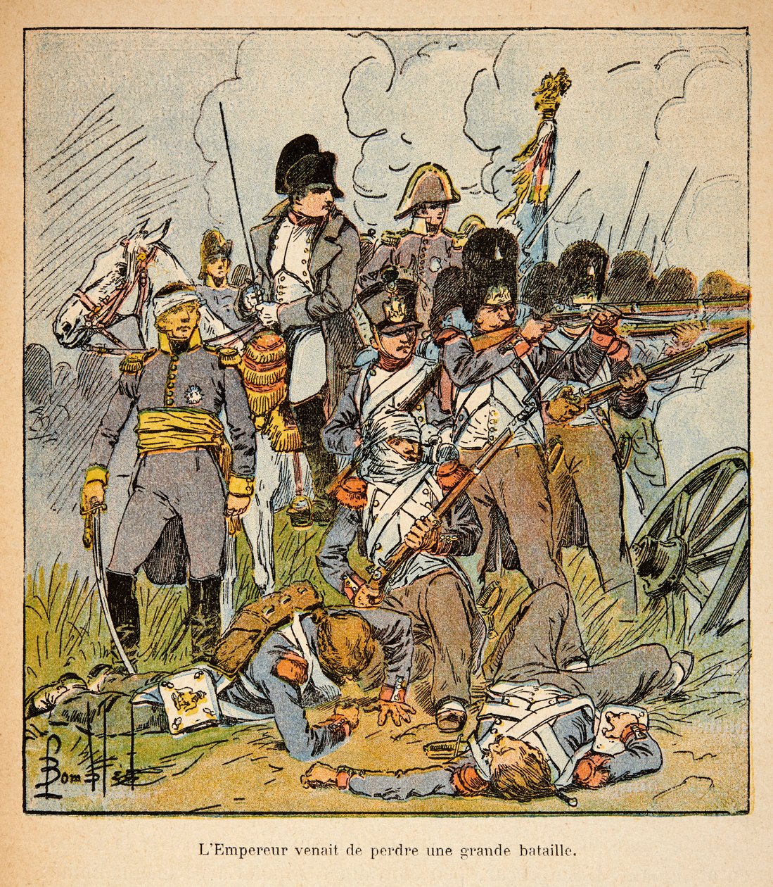 Illustrasjon av Bombled Louis (1862-1927) fra boken "The Memorial of St. Helene" av grev Emmanuel de Las Cases (1766-1842): Keiseren Napoleon i slaget ved Waterloo i 1815, privat samling av Louis Charles Bombled