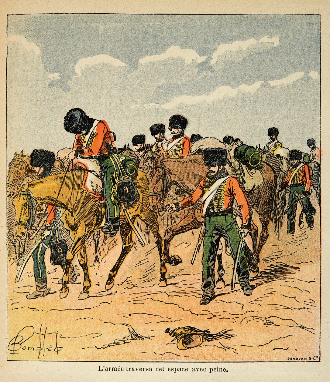 Illustrasjon av Bombled Louis (1862-1927) fra boken "The Memorial of St. Helene" av grev Emmanuel de Las Cases (1766-1842): Den keiserlige hæren krysser med vanskeligheter de russiske slettene før Moskva, privat samling av Louis Charles Bombled