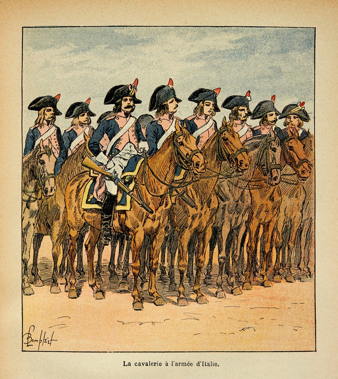 Illustrasjon av Bombled Louis (1862-1927) fra boken "The Memorial of St. Helene" av grev Emmanuel de Las Cases (1766-1842): Kavaleri med Armee of Italy, privat samling av Louis Charles Bombled