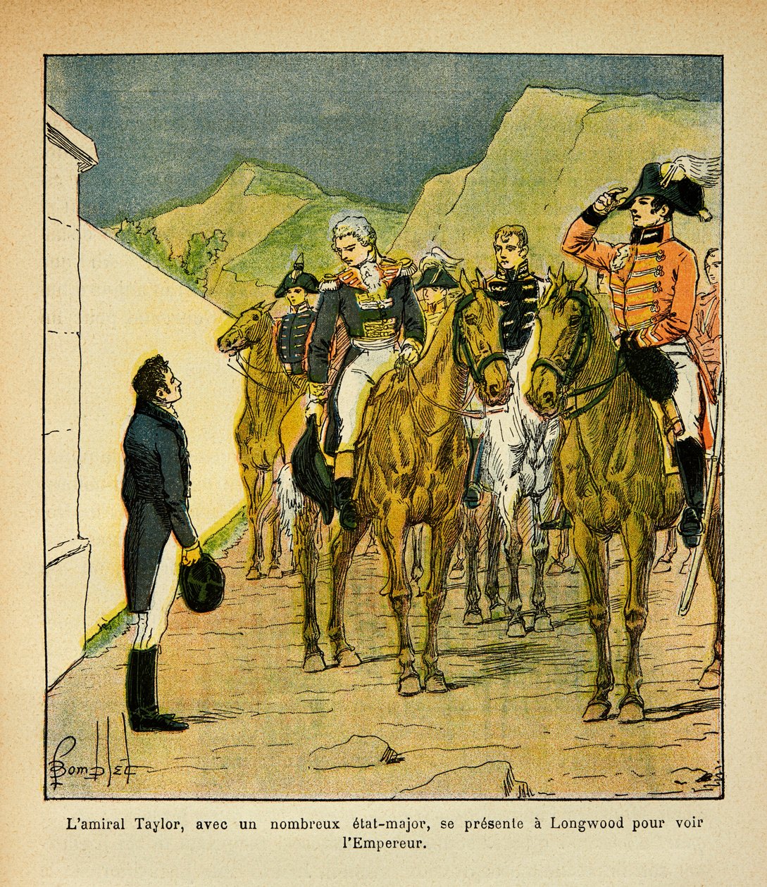 Illustrasjon av Bombled Louis (1862-1927) fra boken "The Memorial of St. Helene" av grev Emmanuel de Las Cases (1766-1842): Admiral Taylor med en generalstab presenterer seg i Longwood for å møte keiser Napoleon, privat samling av Louis Charles Bombled