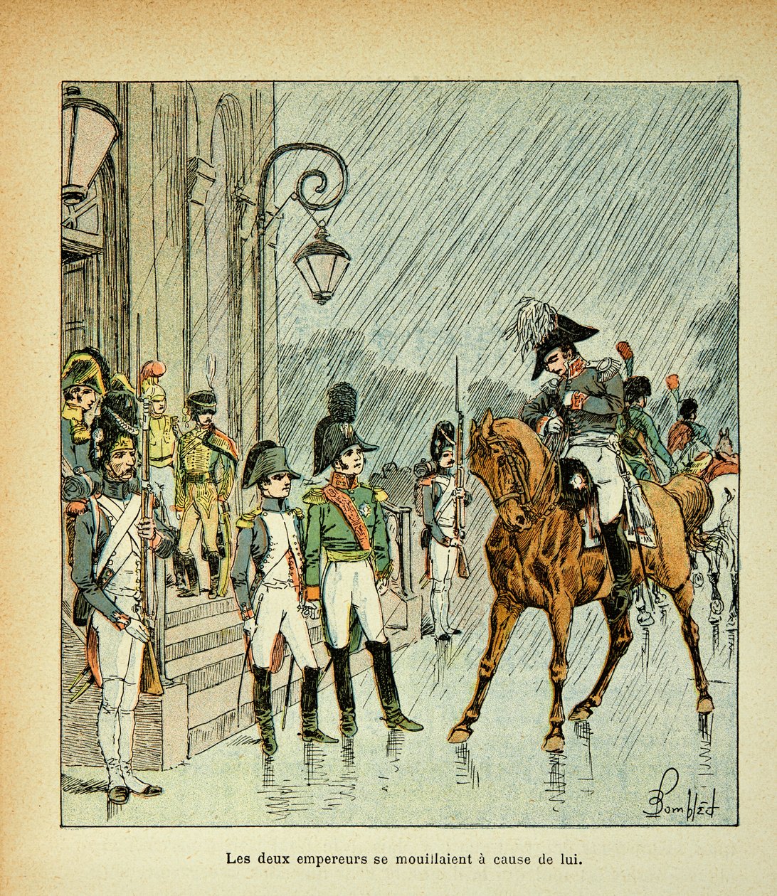Illustrasjon av Bombled Louis (1862-1927) fra boken "The Memorial of St. Helene" av grev Emmanuel de Las Cases (1766-1842): Keiser Napoleon, konge av Preussen og tsar Alexander I (1777-1825) ved Tilsitt Traktat i 1807, privat samling av Louis Charles Bombled