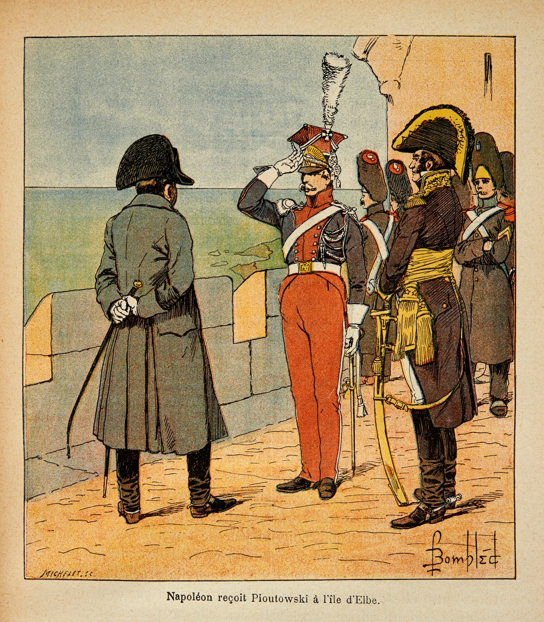 Illustrasjon av Bombled Louis (1862-1927) fra boken "The Memorial of St. Helene" av grev Emmanuel de Las Cases (1766-1842): Keiser Napoleon mottar Marechal Poniatowski på Elba Island, Private Collection av Louis Charles Bombled