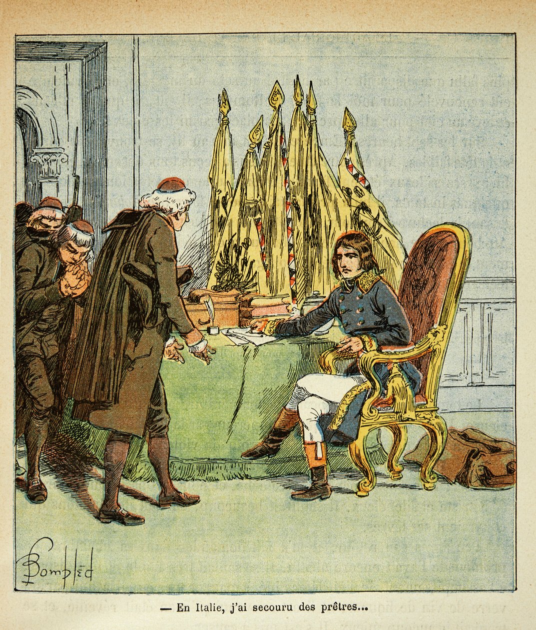 Illustrasjon av Bombled Louis (1862-1927) fra boken "The memorial se Sainte Helene" av grev Emmanuel de Las Cases (1766-1842): Under den italienske kampanjen redder Bonaparte prester, privat samling av Louis Charles Bombled