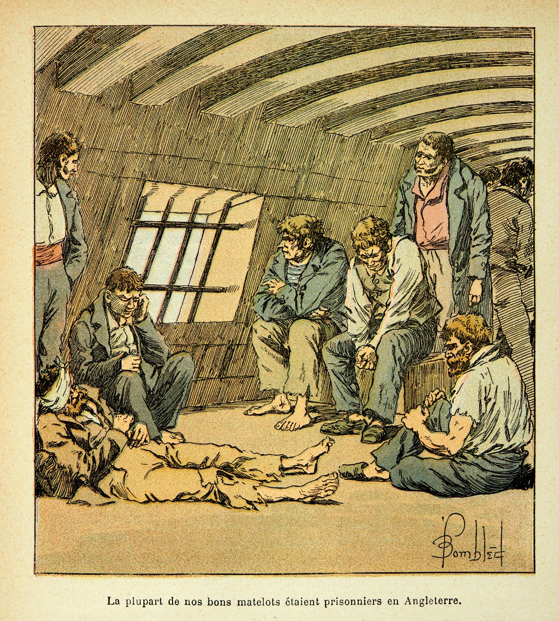 Illustrasjon av Bombled Louis (1862-1927) fra boken "The memorial se Sainte Helene" av grev Emmanuel de Las Cases (1766-1842): Franske fanger på de engelske pongtongene, Privat samling av Louis Charles Bombled
