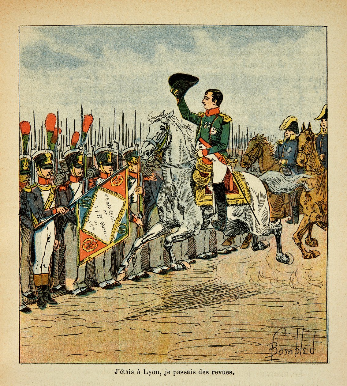 Illustrasjon av Bombled Louis (1862-1927) fra boken "The memorial se Sainte Helene" av grev Emmanuel de Las Cases (1766-1842): Keiser Napoleon sender troppene til anmeldelser, Privat samling av Louis Charles Bombled