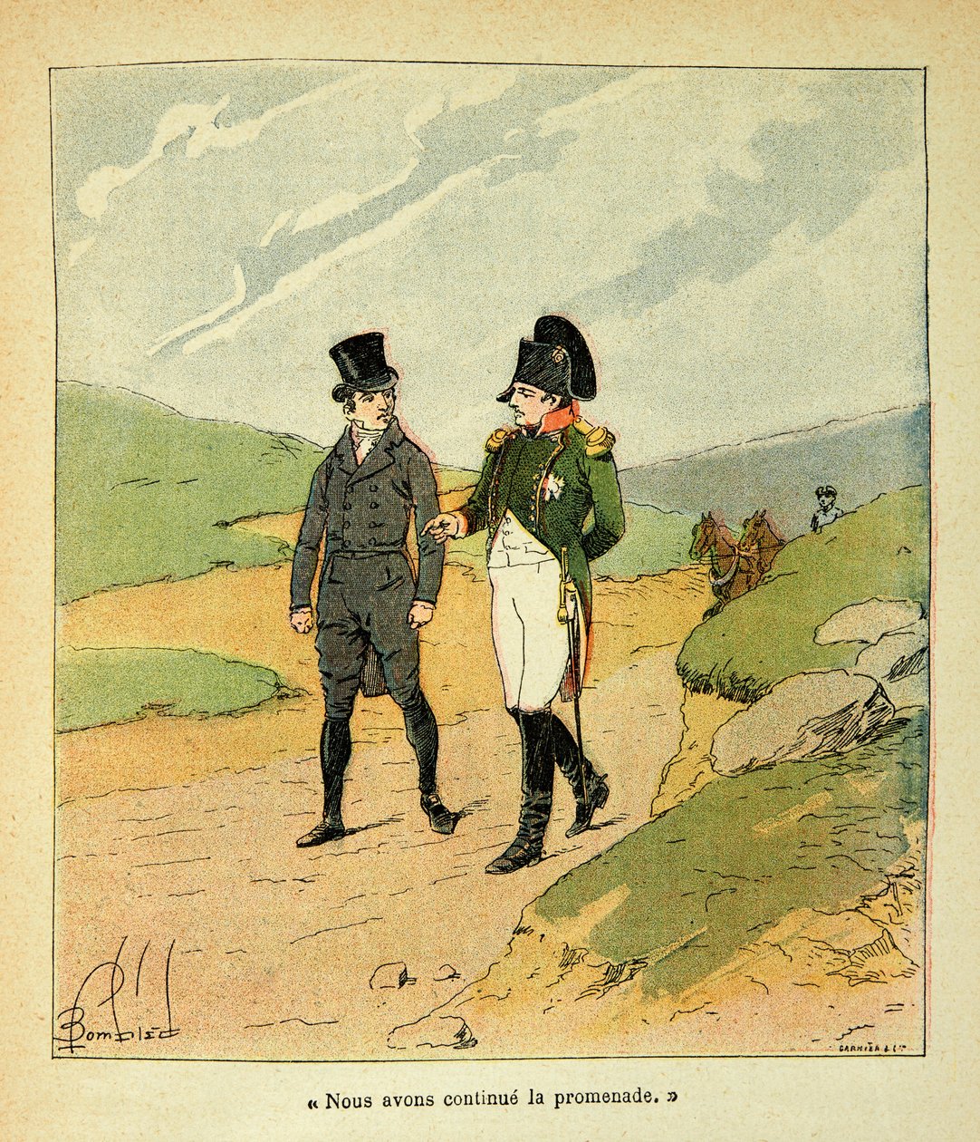 Illustrasjon av Bombled Louis (1862-1927) fra boken "The memorial se Sainte Helene" av grev Emmanuel de Las Cases (1766-1842): Las Cases et Napoleon a Ste Helene, privat samling av Louis Charles Bombled