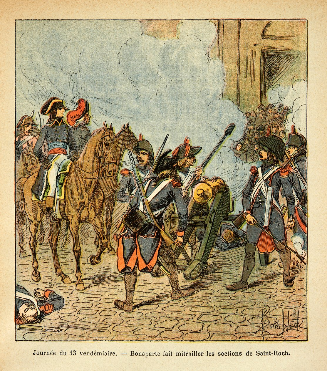 Illustrasjon av Bombled Louis (1862-1927) fra boken "The memorial se Sainte Helene" av grev Emmanuel de Las Cases (1766-1842): Dagen den 13. fredag får Bonaparte seksjonene av Saint Roch til å skyte med en kanon, Privat samling av Louis Charles Bombled