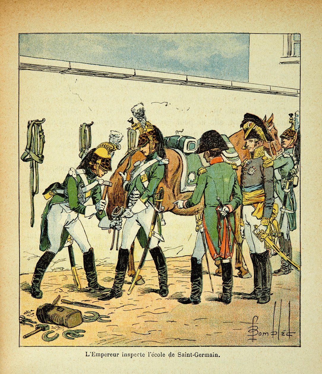 Illustrasjon av Bombled Louis (1862-1927) fra boken "The memorial se Sainte Helene" av grev Emmanuel de Las Cases (1766-1842): Keiser Napoleon inspiserer skolen til Saint Germain, privatsamling av Louis Charles Bombled