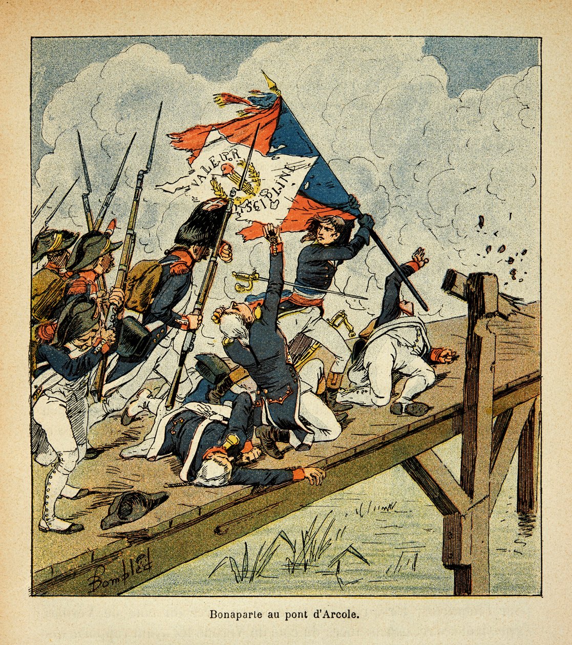 Illustrasjon av Bombled Louis (1862-1927) fra boken "The memorial se Sainte Helene" av grev Emmanuel de Las Cases (1766-1842): Bonaparte ved broen til Arcole, privat samling av Louis Charles Bombled