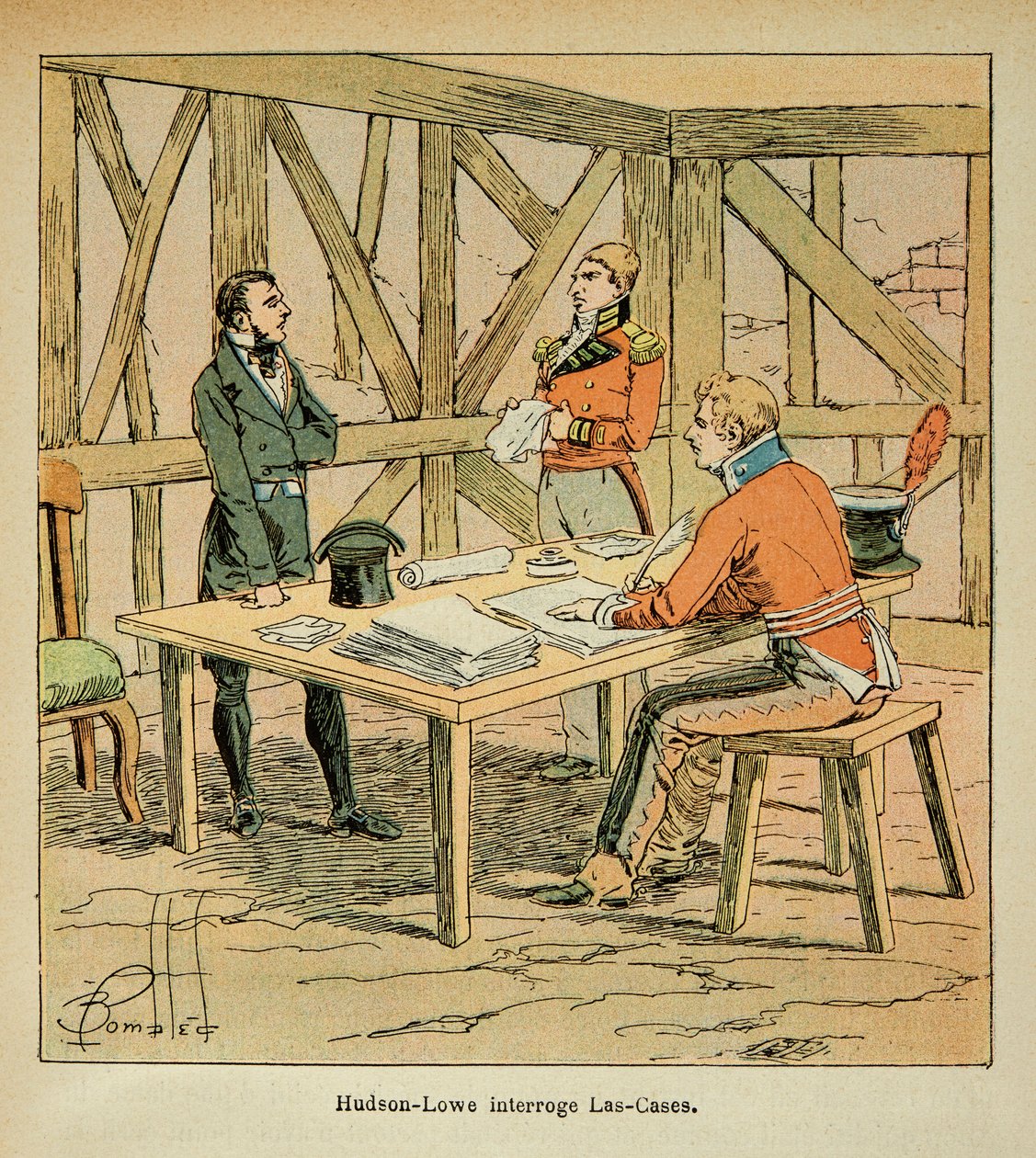 Illustrasjon av bombet Louis (1862-1927) fra grev Emmanuel de Las Cases (1766-1842): Guvernør Hudson Lowe (1769-1844) stiller spørsmål ved Las Cases, privat samling av Louis Charles Bombled