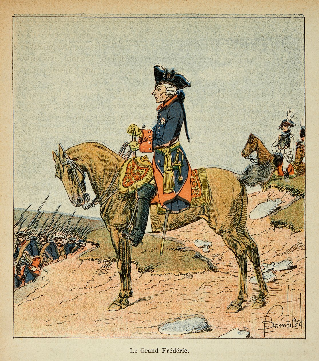 Illustrasjon av bombet Louis (1862-1927) fra boken "The Memorial Se Sainte Helene" av grev Emmanuel de Las Cases (1766-1842): Rytterportrett av Frederic II av Preussen kalt den store Frederic (1712 - 1786), menig Samling av Louis Charles Bombled
