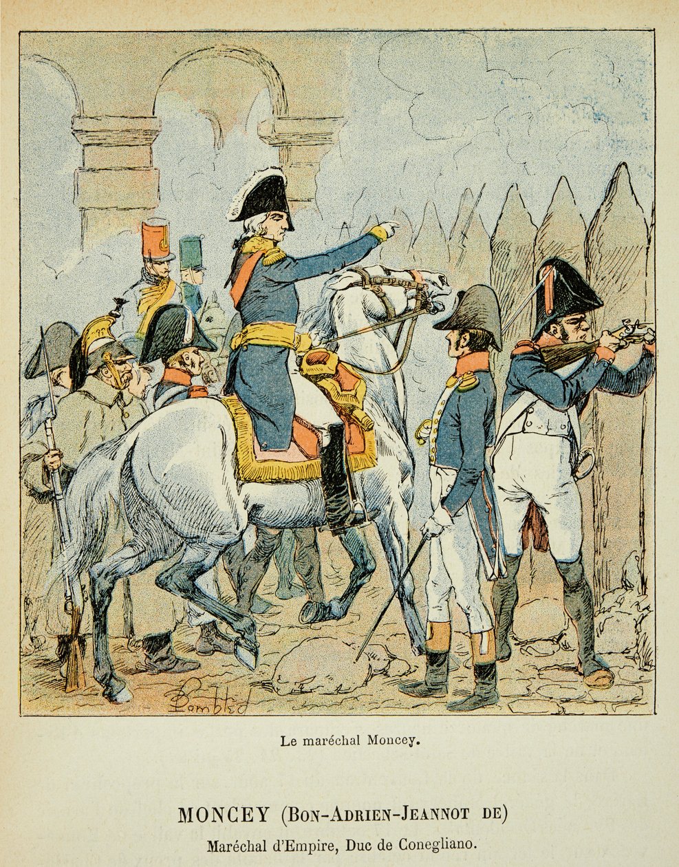 Illustrasjon av bombet Louis (1862-1927) fra boken "The Memorial of Saint Helene" av grev Emmanuel de Las Cases (1766-1842): Marechal Bon Adrien Jeannot de Moncey (1754-1842), hertug av Conegliano, privat samling av Louis Charles Bombled