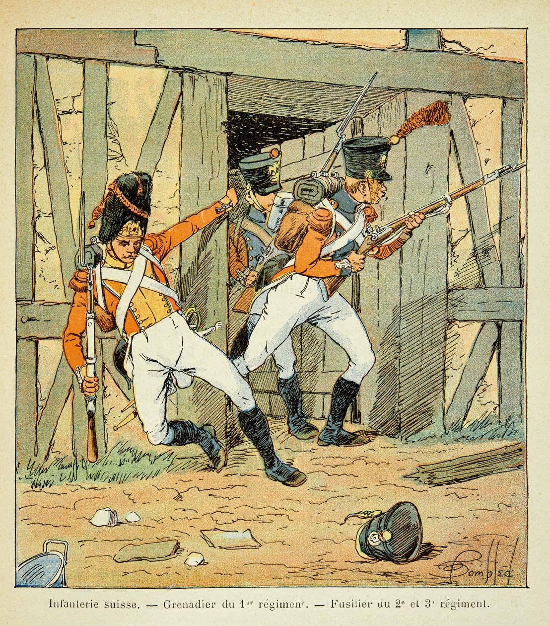 Illustrasjon av bombet Louis (1862-1927) fra boken "The Memorial of Saint Helene" av grev Emmanuel de Las Cases (1766-1842): Sveitsisk infanteri: grenader av 1. regiment og fusilier av 2., 3. og 3. regiment, Privat samling av Louis Charles Bombled