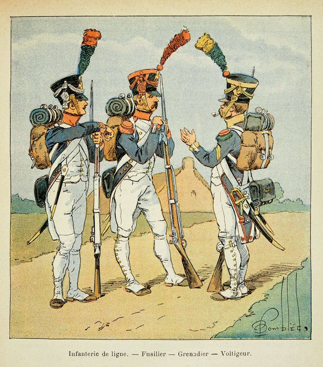 Illustrasjon av bombet Louis (1862-1927) fra boken "The Memorial of Saint Helene" av grev Emmanuel de Las Cases (1766-1842): Armee Francaise: Linjeinfanteri: fusilier, grenadier og voltiger, Privat samling av Louis Charles Bombled