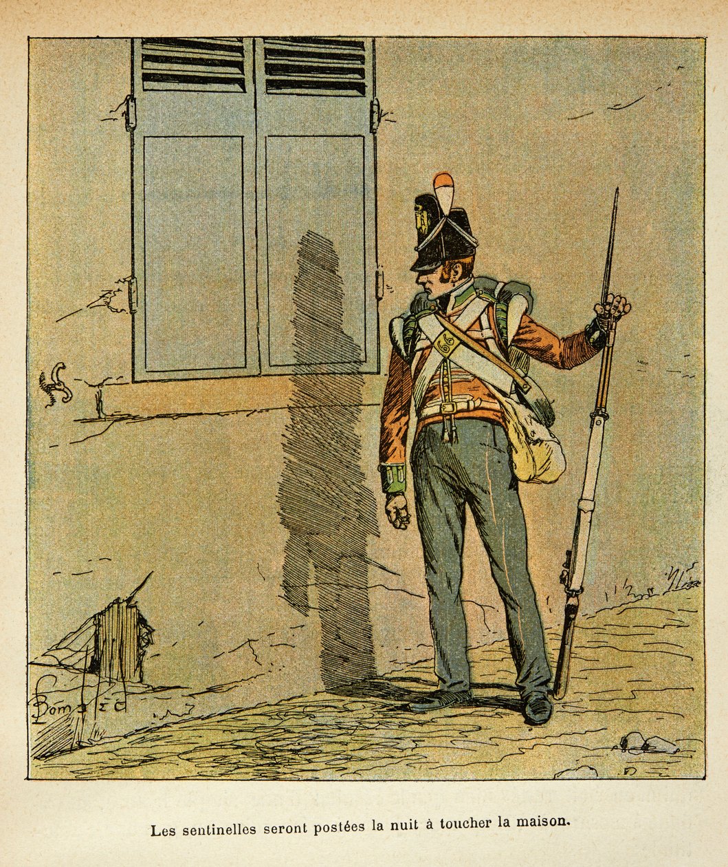Illustrasjon av bombet Louis (1862-1927) fra boken "The Memorial of Saint Helene" av grev Emmanuel de Las Cases (1766-1842): Engelsk vaktpost stasjonert nær keiserens hus i St. Helene, privat samling av Louis Charles Bombled