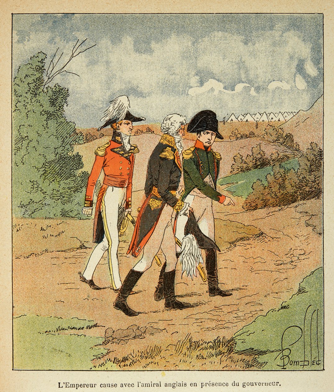 Illustrasjon av bombet Louis (1862-1927) fra boken "The Memorial of Saint Helene" av grev Emmanuel de Las Cases (1766-1842): Samtale mellom Napoleon, guvernør Hudson Mowe og den engelske admiralen Cockburn i august 1816 på Ste Helene, Private Co av Louis Charles Bombled