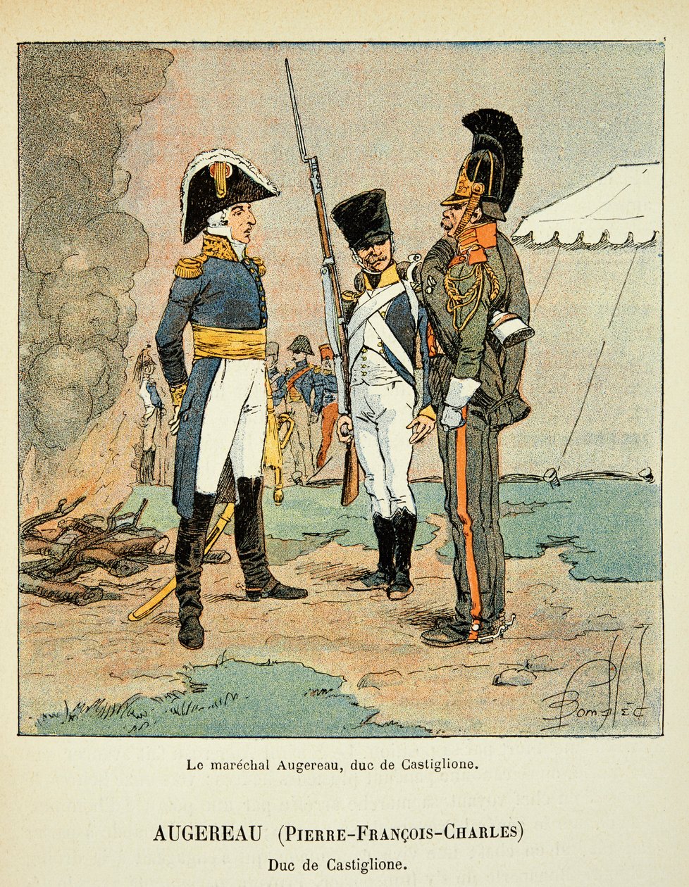 Illustrasjon av bombet Louis (1862-1927) fra boken "The Memorial of Saint Helene" av grev Emmanuel de Las Cases (1766-1842): Le marechal Pierre Augereau (1757-1816), hertugen av Castiglione, privat samling av Louis Charles Bombled