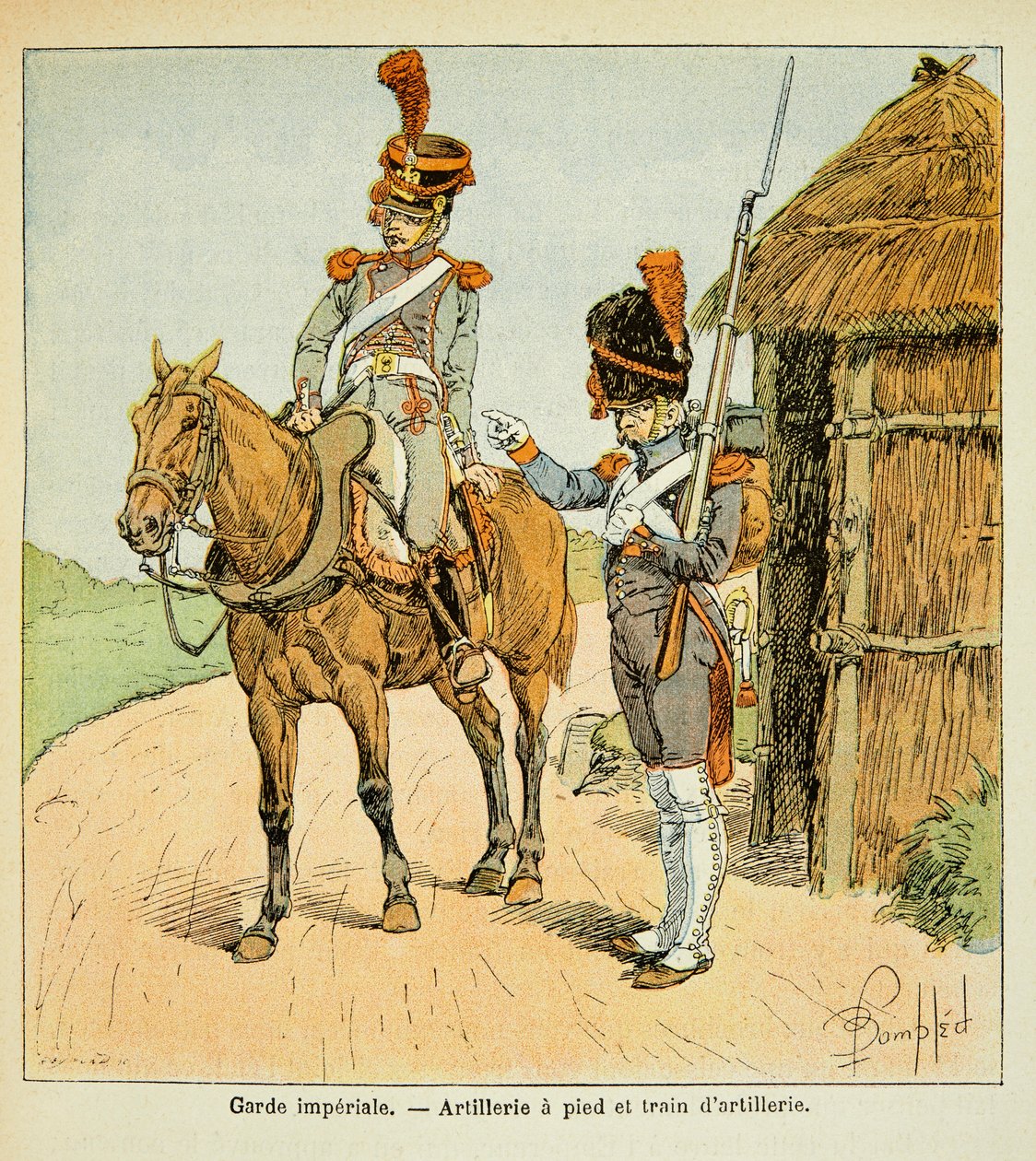 Illustrasjon av bombet Louis (1862-1927) fra boken "The Memorial of Saint Helene" av grev Emmanuel de Las Cases (1766-1842): Den keiserlige garde: Artilleri til fots og artilleritog, privat samling av Louis Charles Bombled