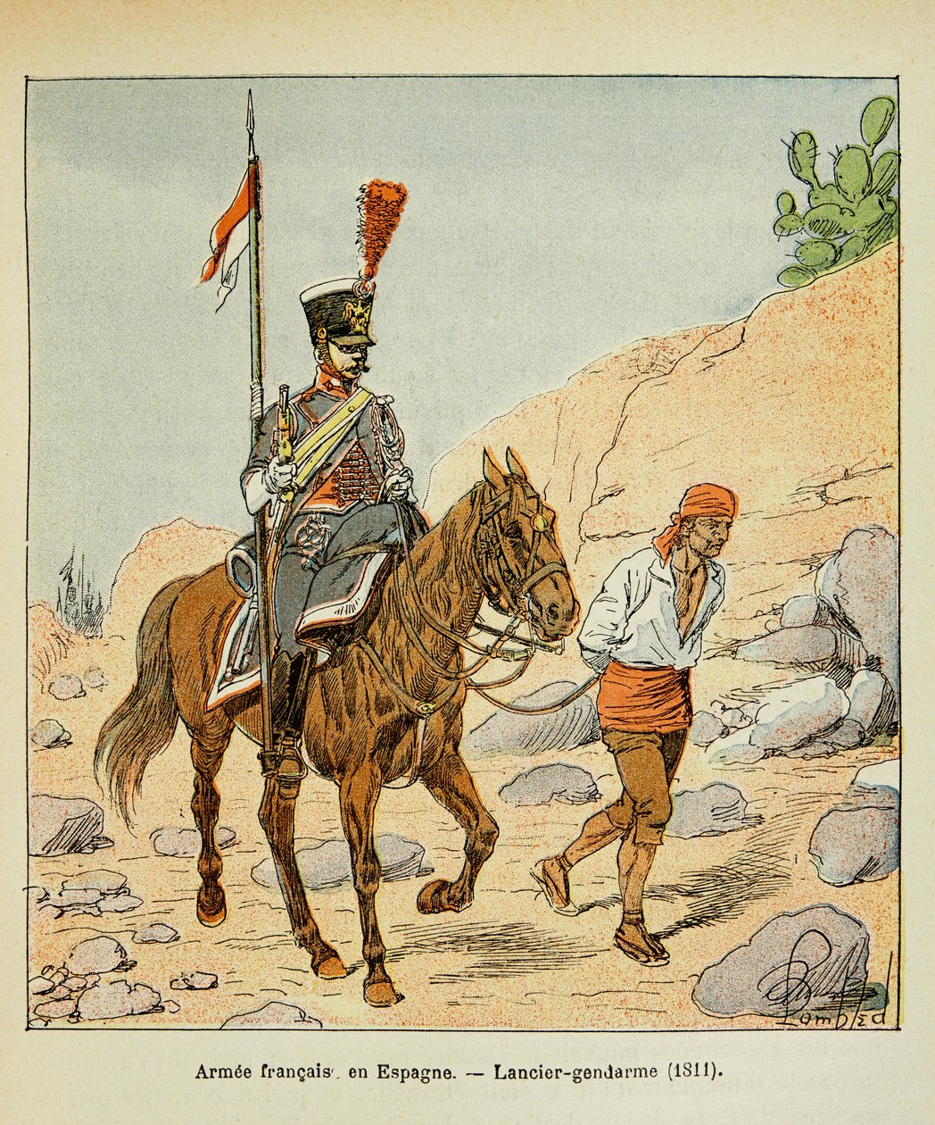 Illustrasjon av bombet Louis (1862-1927) fra boken "The Memorial of Saint Helene" av grev Emmanuel de Las Cases (1766-1842): Fransk Armee i Spania: Lancier gendarme 1811, privat samling av Louis Charles Bombled