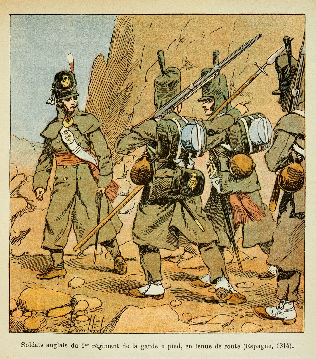 Illustrasjon av bombet Louis (1862-1927) fra boken "The Memorial of Saint Helene" av grev Emmanuel de Las Cases (1766-1842): Engelske soldater fra 1st regiment of the Guard in a roadstand (Spania 1814), Privat samling av Louis Charles Bombled