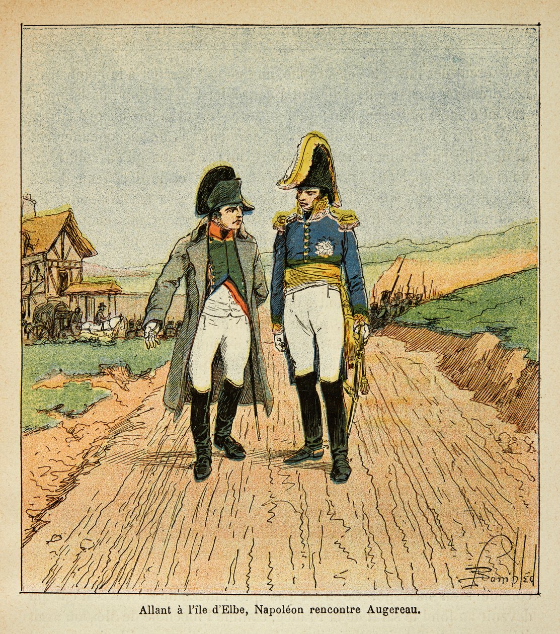 Illustrasjon av bombet Louis (1862-1927) fra boken "The Memorial of Saint Helene" av grev Emmanuel de Las Cases (1766-1842): På vei til øya Elba møter Napoleon Augereau, privat samling av Louis Charles Bombled