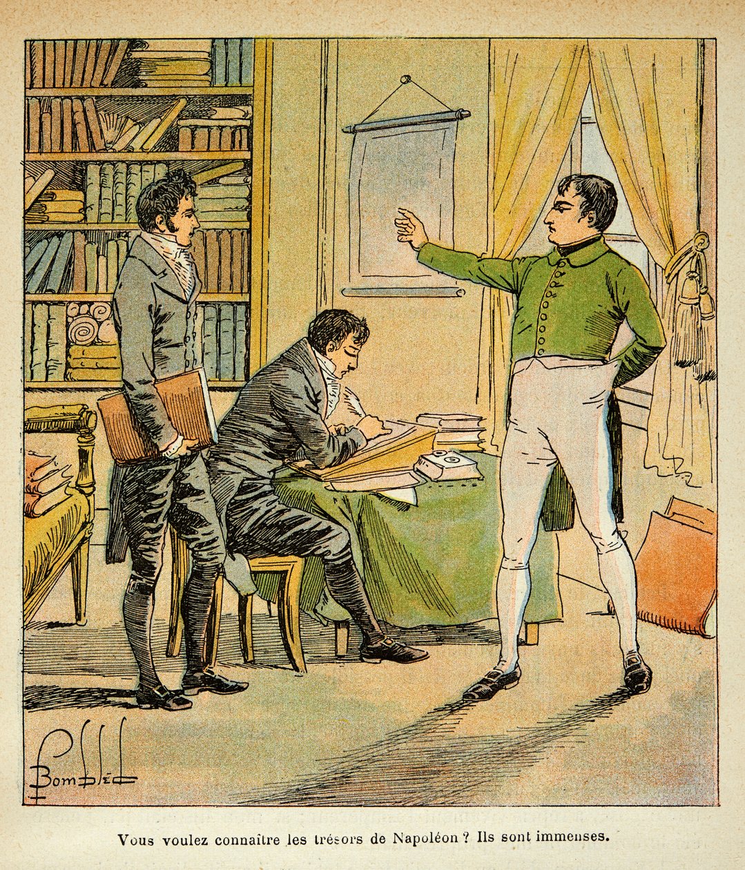Illustrasjon av bombet Louis (1862-1927) fra boken "The Memorial of Saint Helene" av grev Emmanuel de Las Cases (1766-1842): Napoleon dikterer sine minnesmerker til Las-saker, privat samling av Louis Charles Bombled