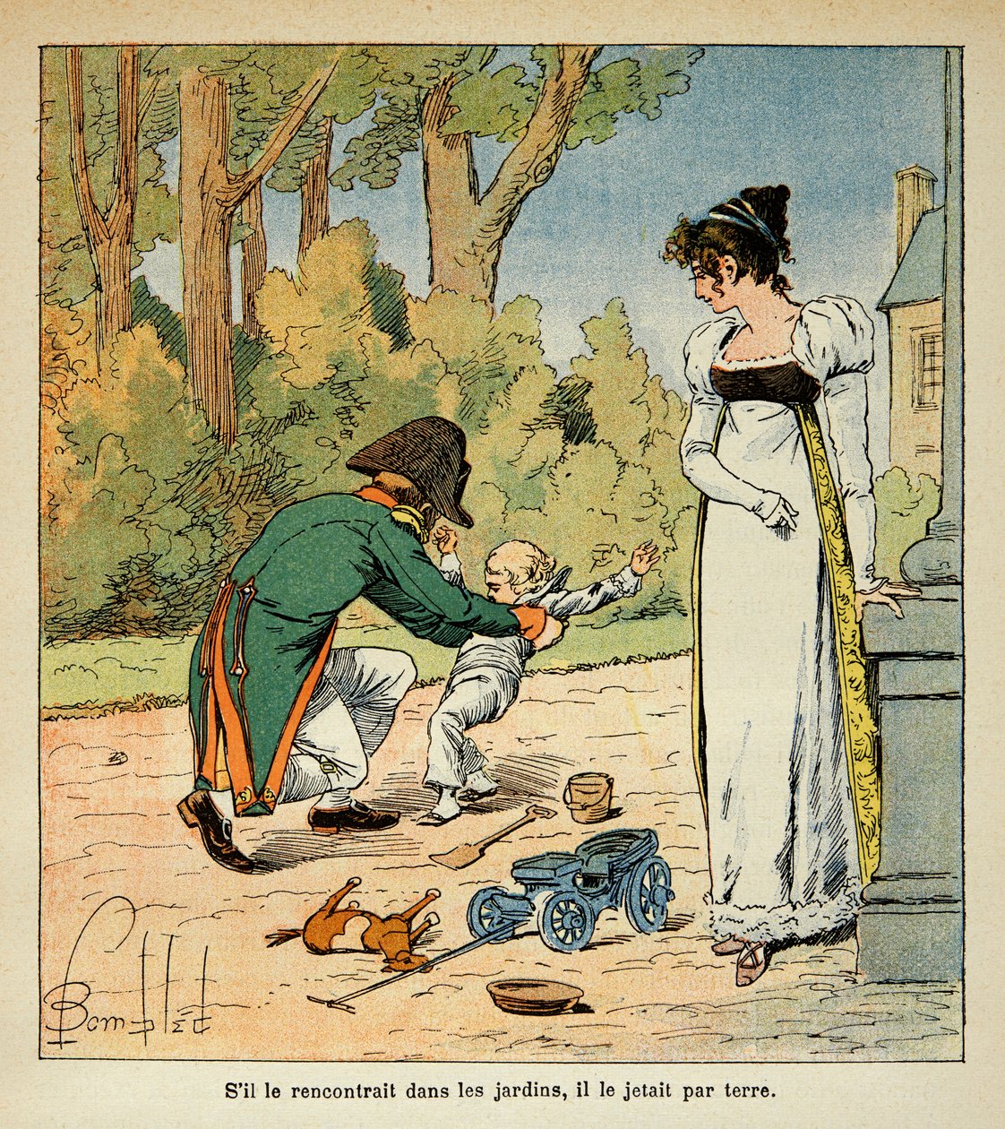 Illustrasjon av bombet Louis (1862-1927) fra boken "The Memorial of Saint Helene" av grev Emmanuel de Las Cases (1766-1842): Napoleon leker med sønnen i nærvær av Marie Louise, privat samling av Louis Charles Bombled