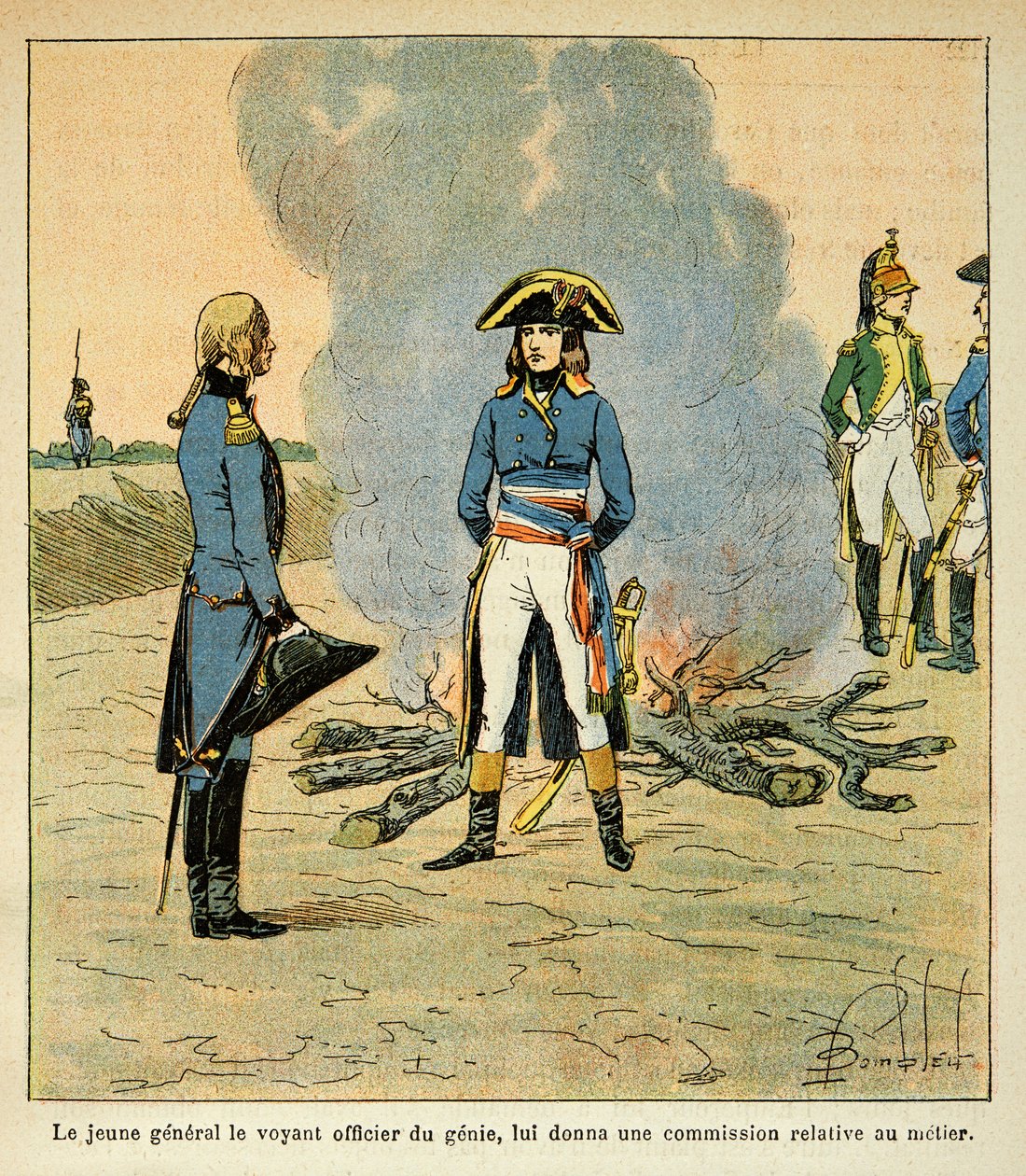 Illustrasjon av bombet Louis (1862-1927) fra boken "The Memorial of Saint Helene" av grev Emmanuel de Las Cases (1766-1842): første møte mellom Bonaparte og marechal Henri Gatien Bertrand (1773-1844), daværende offiser for ånden i hæren til Italia av Louis Charles Bombled