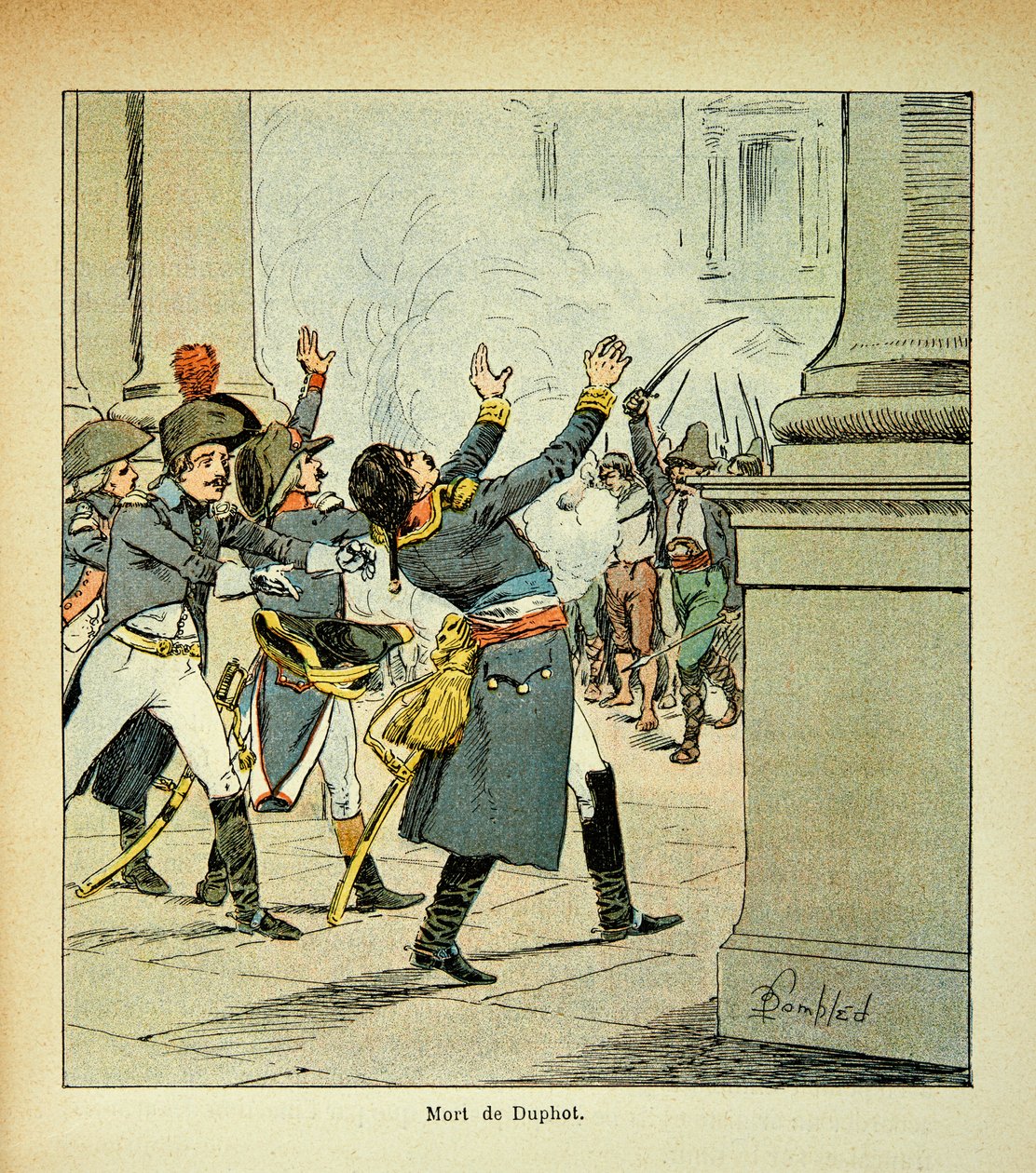 Illustrasjon av bombet Louis (1862-1927) fra boken "The Memorial of Saint Helene" av grev Emmanuel de Las Cases (1766-1842): Attentat på general Leonard Duphot (1769-1797) i Roma i 1797, privat samling av Louis Charles Bombled