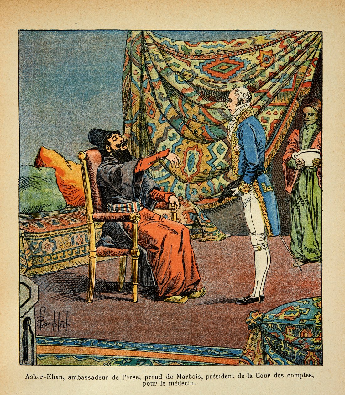 Bombed Louis (1862-1927) av Francois Barbe-Marbois, den persiske ambassadøren, Asker - Khan, på besøk i Paris (Beard Marbois) (1745-1837), president av Louis Charles Bombled