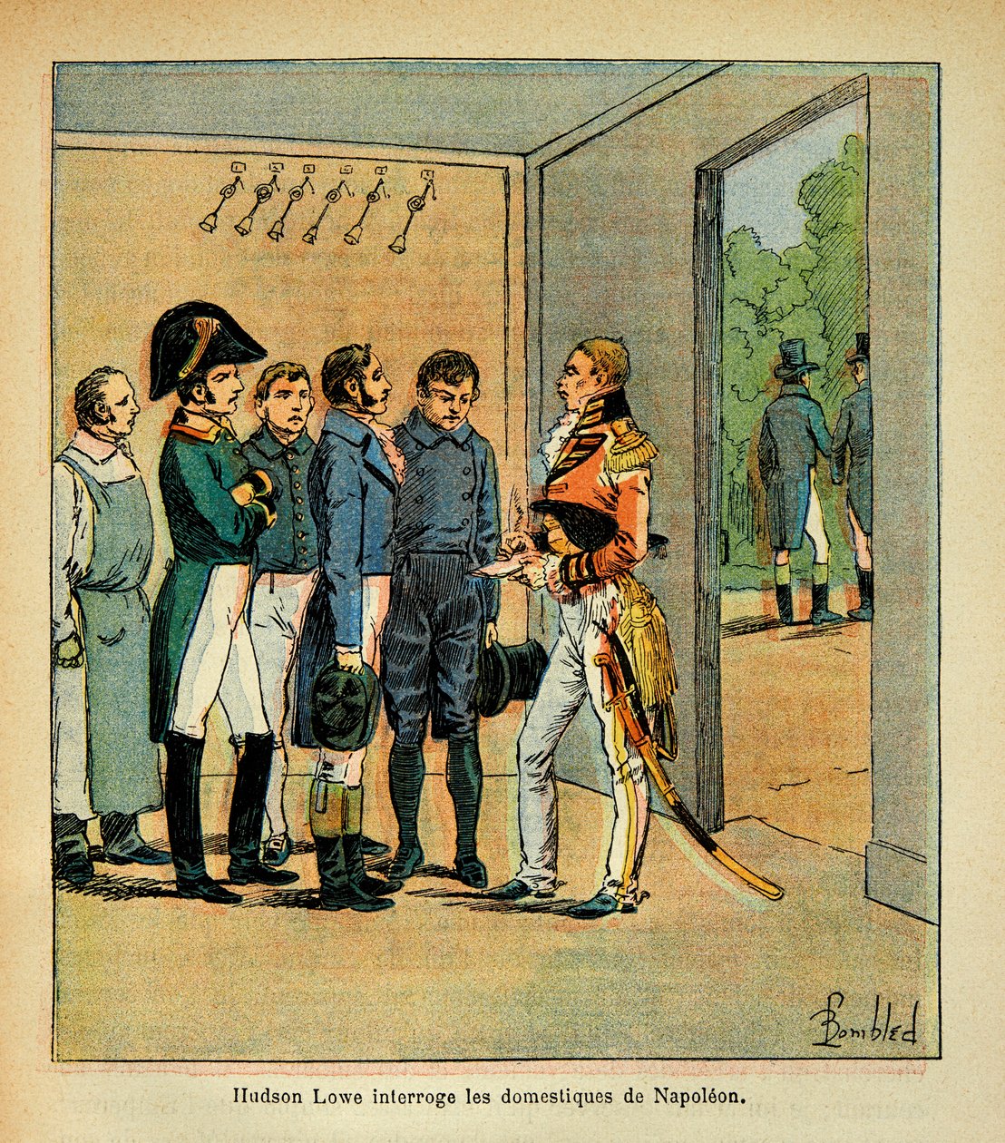Illustrasjon av bombet Louis (1862-1927) fra boken "The Memorial of Saint Helene" av grev Emmanuel de Las Cases (1766-1842): Guvernør Hudson Lowe (1769-1844) avhører tjenerne til keiser Napoleon, privat samling av Louis Charles Bombled