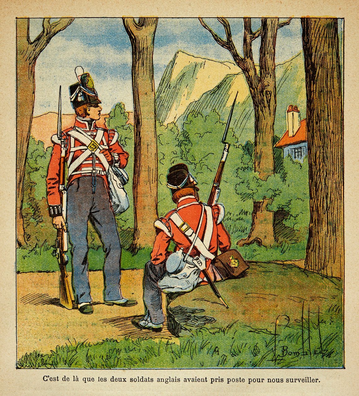 Illustrasjon av bombet Louis (1862-1927) fra boken "The Memorial of Saint Helene" av grev Emmanuel de Las Cases (1766-1842): Engelske soldater med ansvar for overvåkingen av keiser Napoleon i St. Helene, privat samling av Louis Charles Bombled