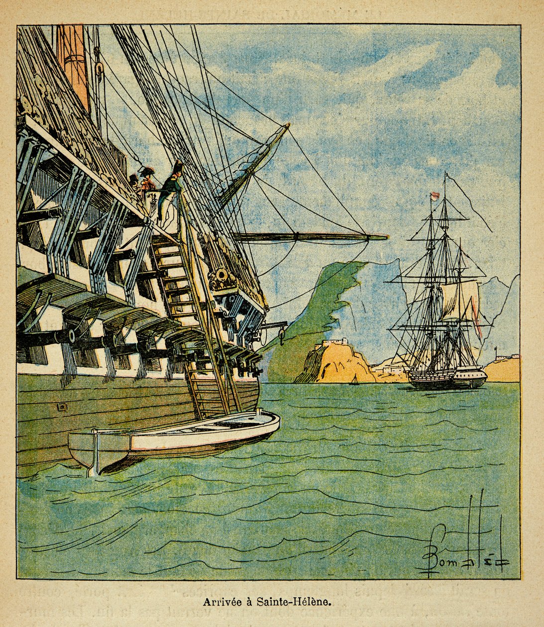 Illustrasjon av bombet Louis (1862-1927) fra boken "The Memorial of Saint Helene" av grev Emmanuel de Las Cases (1766-1842): Ankomst av Napoleon til Sainte Helene 15. oktober av Louis Charles Bombled