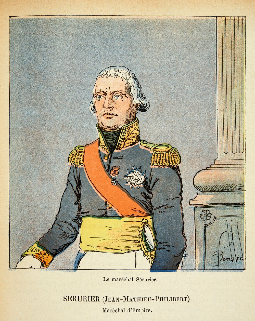 Illustrasjon av bombet Louis (1862-1927) fra boken "The Memorial of Saint Helene" av grev Emmanuel de Las Cases (1766-1842): Portrett av marechal Jean Mathieu Philibert Serurier (1742-1819), privat samling av Louis Charles Bombled