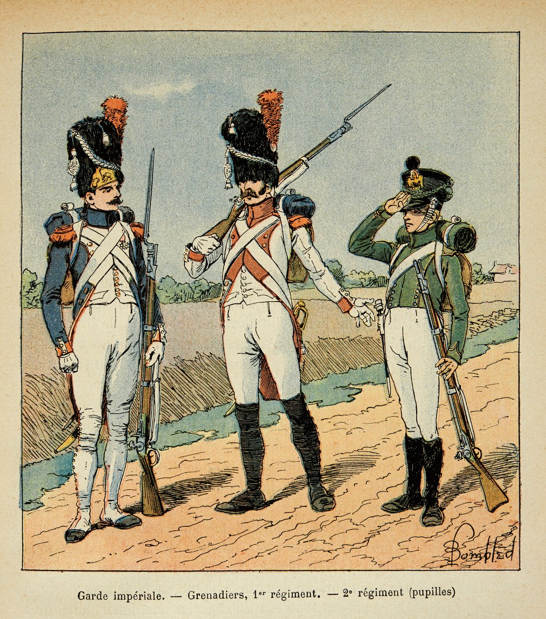 Illustrasjon av bombet Louis (1862-1927) fra boken «The Memorial of Saint Helene» av grev Emmanuel de Las Cases (1766-1842): Garde Imperiale; grenader av 1. regiment; elever av 2. regiment, Privat samling av Louis Charles Bombled