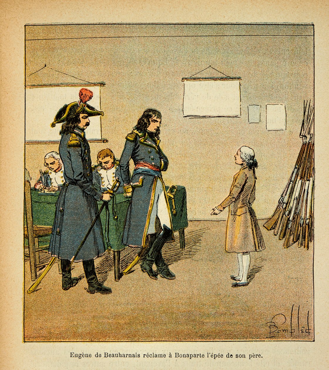 Illustrasjon av bombet Louis (1862-1927) fra boken "The Memorial of Saint Helene" av grev Emmanuel de Las Cases (1766-1842): Eugene de Beauharnais (1781-1824) gjør krav på sverdet til sin far i Bonaparte, privat samling av Louis Charles Bombled