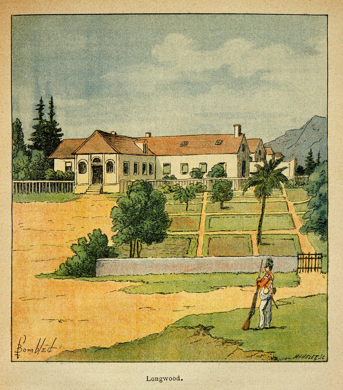 Illustrasjon av bombet Louis (1862-1927) fra boken "The Memorial of Saint Helene" av grev Emmanuel de Las Cases (1766-1842): View of Longwood to Ste Helene, Private Collection av Louis Charles Bombled