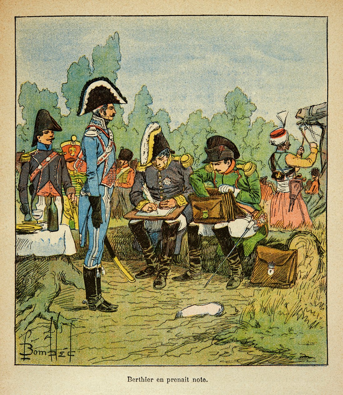 Illustrasjon av bombet Louis (1862-1927) fra boken "The Memorial of Saint Helene" av grev Emmanuel de Las Cases (1766-1842): Marechal Louis Alexandre Berthier (1753-1815) noterer ordrene til Napoleon, Collection Partial av Louis Charles Bombled