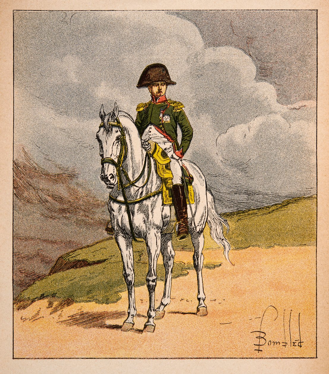 Illustrasjon av bombet Louis (1862-1927) fra boken "The Memorial of Saint Helene" av grev Emmanuel de Las Cases (1766-1842): Equestrian Portrait of Emperor Napoleon 1.er, Private Collection av Louis Charles Bombled